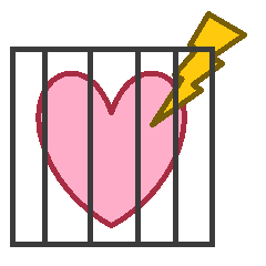 A pink heart with a yellow lightning bolt overlapping the upper right portion behind a gray square with four vertical bars, alluding to jail.